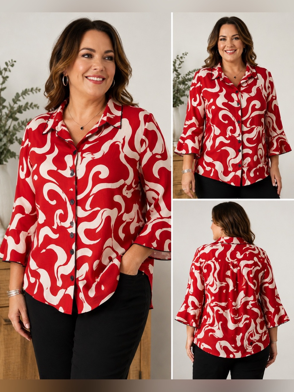 Ali Miles Red White Abstract Wave Print Button-Down Top Size 1X EUC
